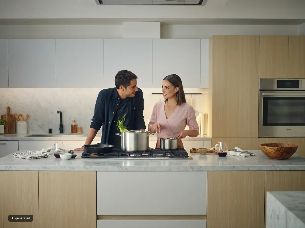 man woman cooking together