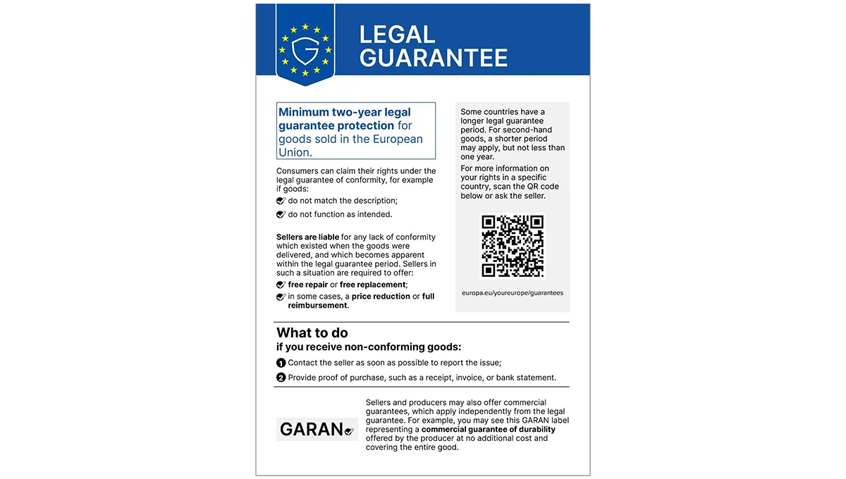 Label detailing a two-year legal guarantee for goods sold in the European Union with QR code.