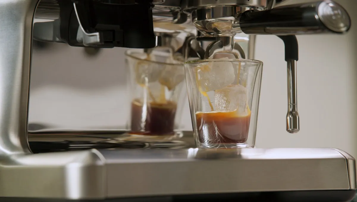 A close-up of a stainless steel espresso machine pouring two shots of hot espresso into clear glasses filled with ice, creating iced coffee.