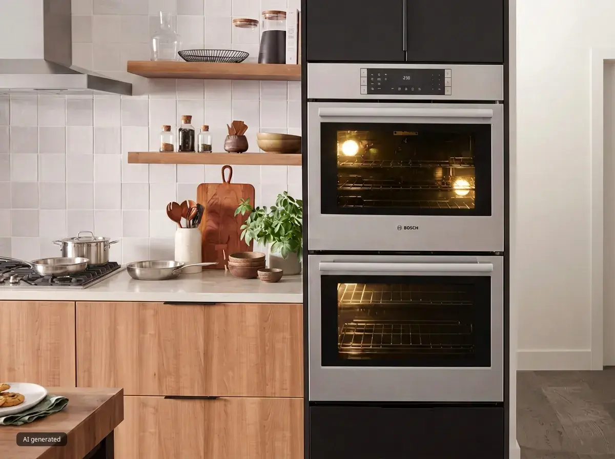 Modern kitchen with Bosch double wall oven and wooden cabinets