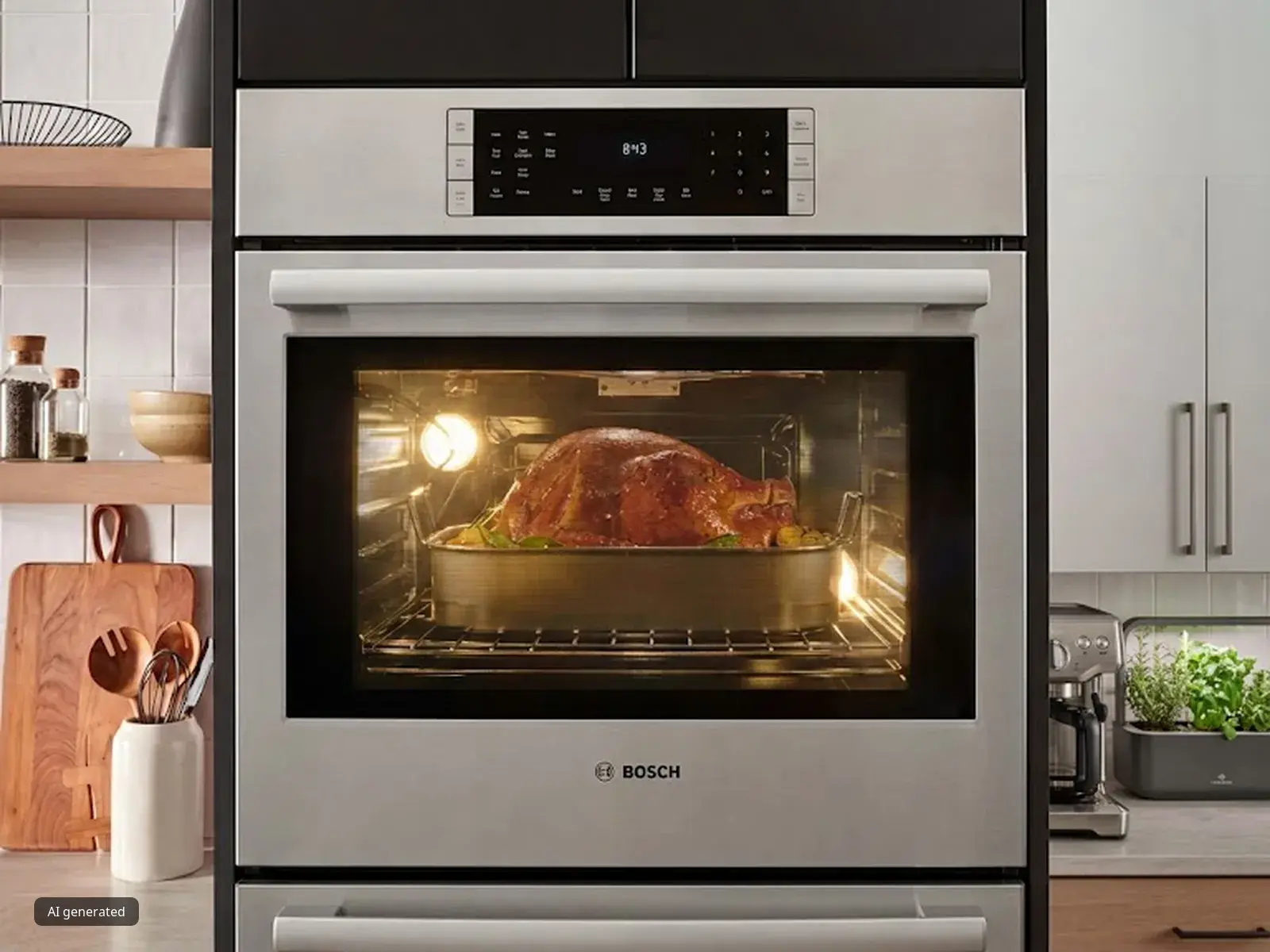 Bosch wall oven with a chicken roasting inside