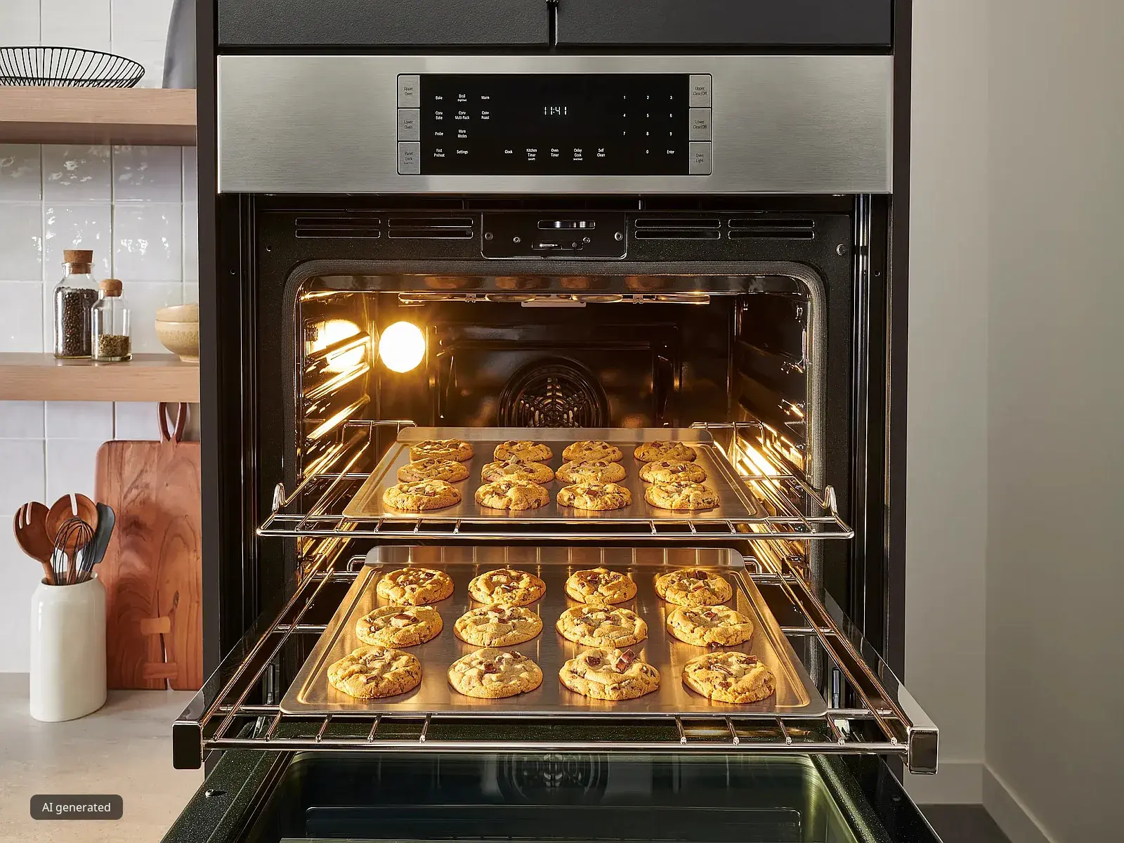 two trays of cookies in the oven