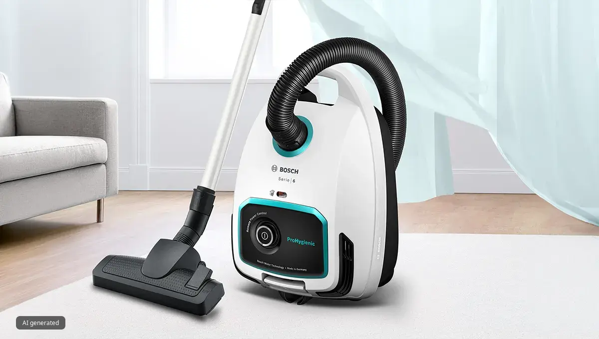 Μια ηλεκτρική σκούπα ProHygienic της Bosch με σακούλα και φίλτρο UltraAllergy πάνω στο χαλί ενός καθιστικού