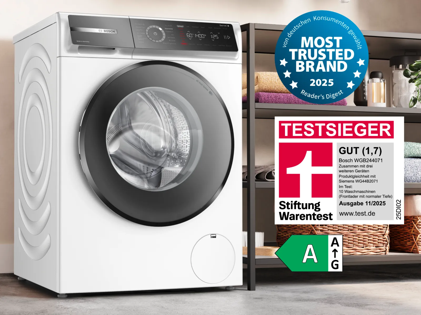 Front-loading Bosch washing machine with energy rating A, award-winning and highly trusted brand badge for 2025, beside a shelving unit with towels.