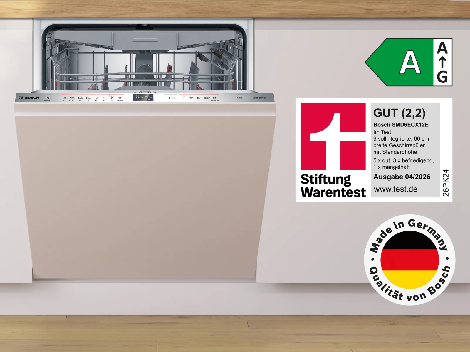 Bosch built-in dishwasher with open door, energy rating A, Stiftung Warentest score "Good," and Made in Germany label.