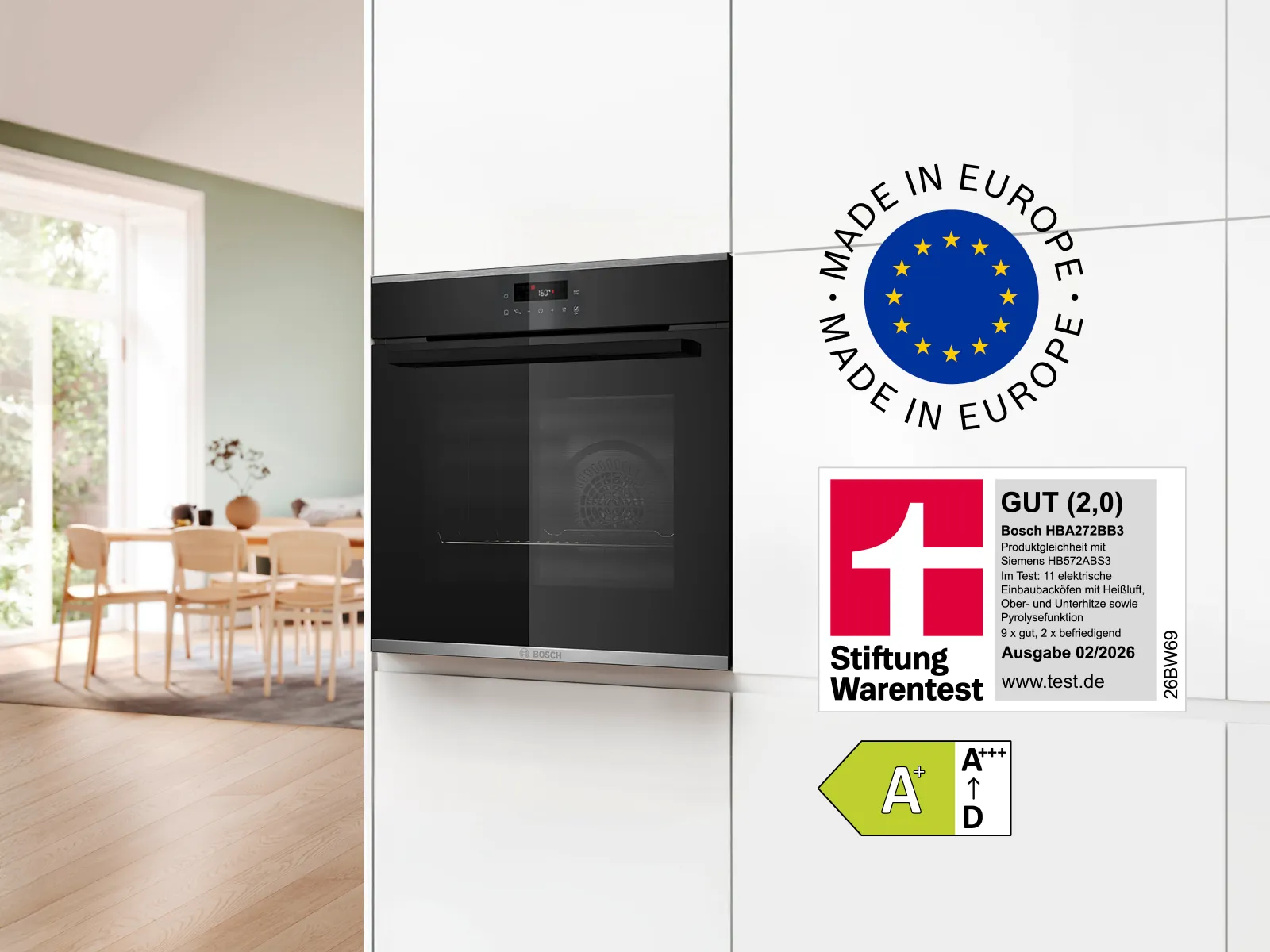 Built-in Bosch oven in a modern kitchen with energy rating A+ and "Made in Europe" label alongside Stiftung Warentest quality rating.