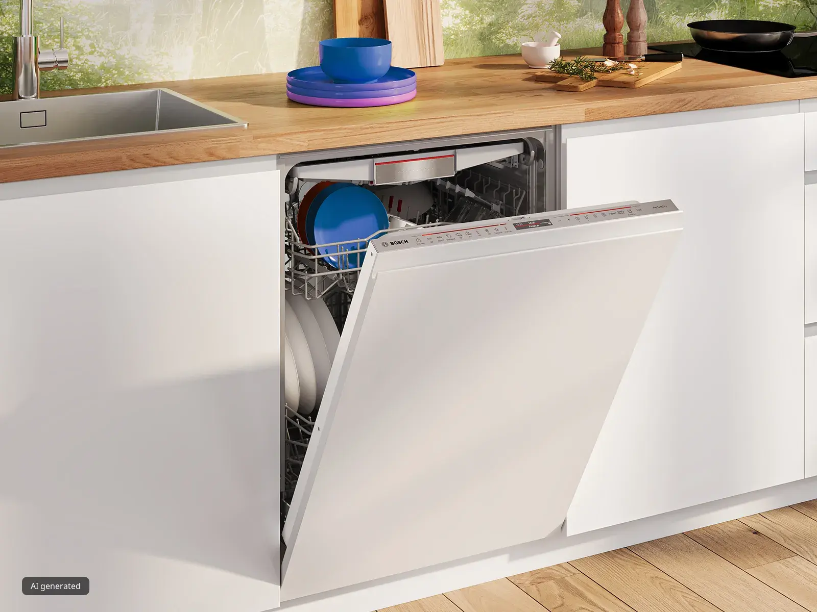 Модерна кухня с отворена съдомиялна машина Bosch, заредена с чинии, до дървен плот с посуда.