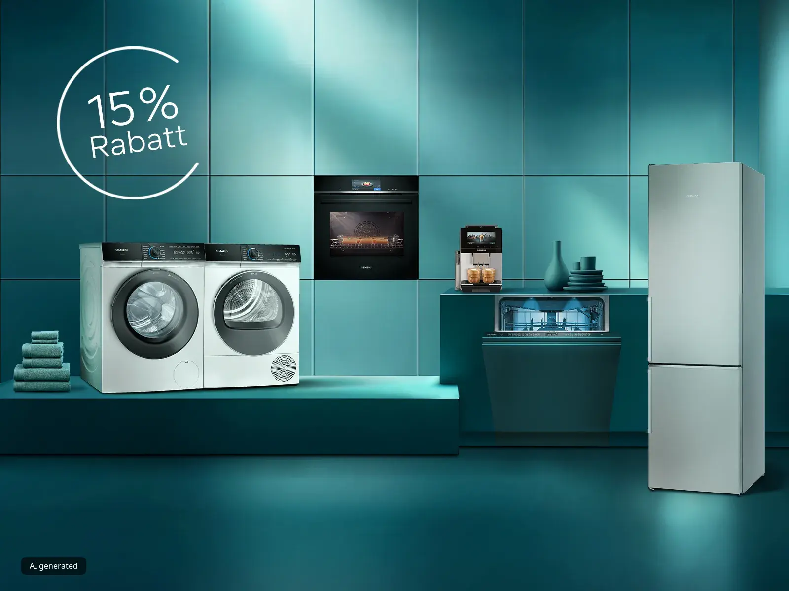 Petrolfarbener Raum mit Hausgeräten von Siemens und dem Hinweis auf 15 % Rabatt im Siemens Online Shop