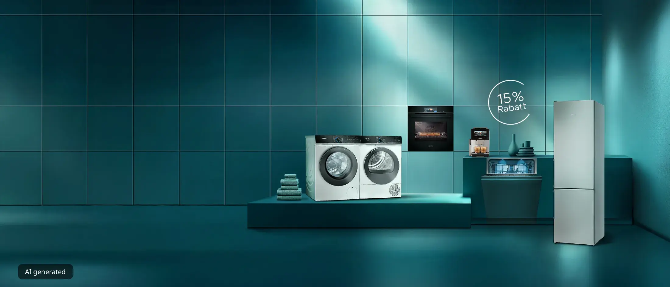 Petrolfarbener Raum mit Hausgeräten von Siemens und dem Hinweis auf 15 % Rabatt im Siemens Online Shop