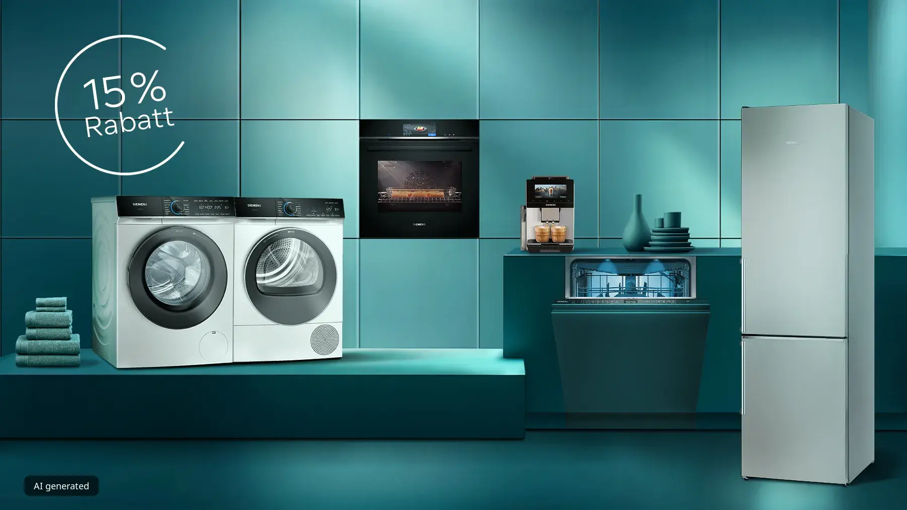 Petrolfarbener Raum mit Hausgeräten von Siemens und dem Hinweis auf 15 % Rabatt im Siemens Online Shop