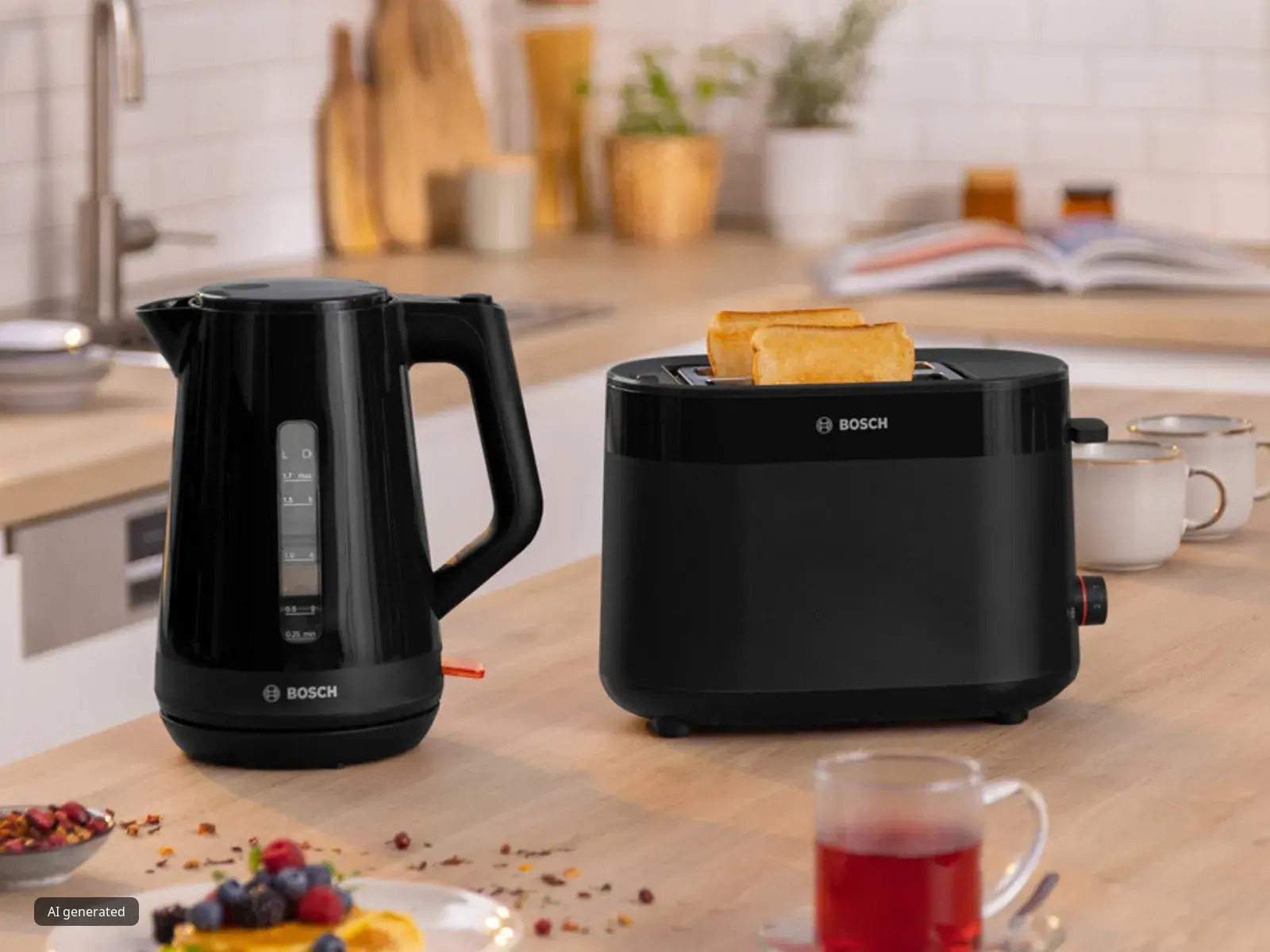 Bosch black kettle and toaster