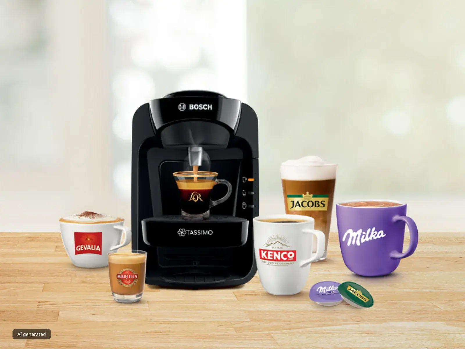 Black Tassimo Suny with numerous different drinks around it on countertop