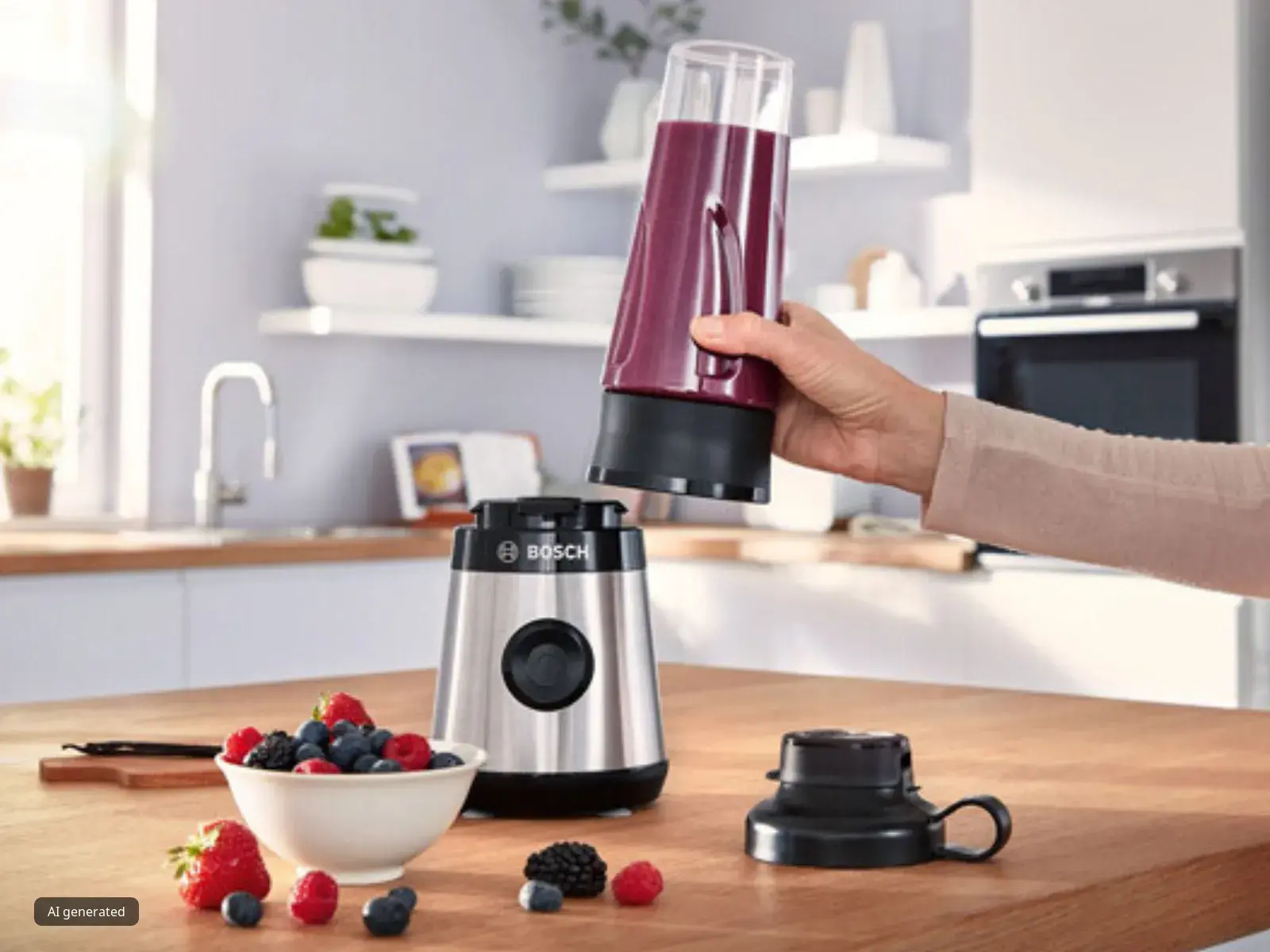 Person blending different types of berry