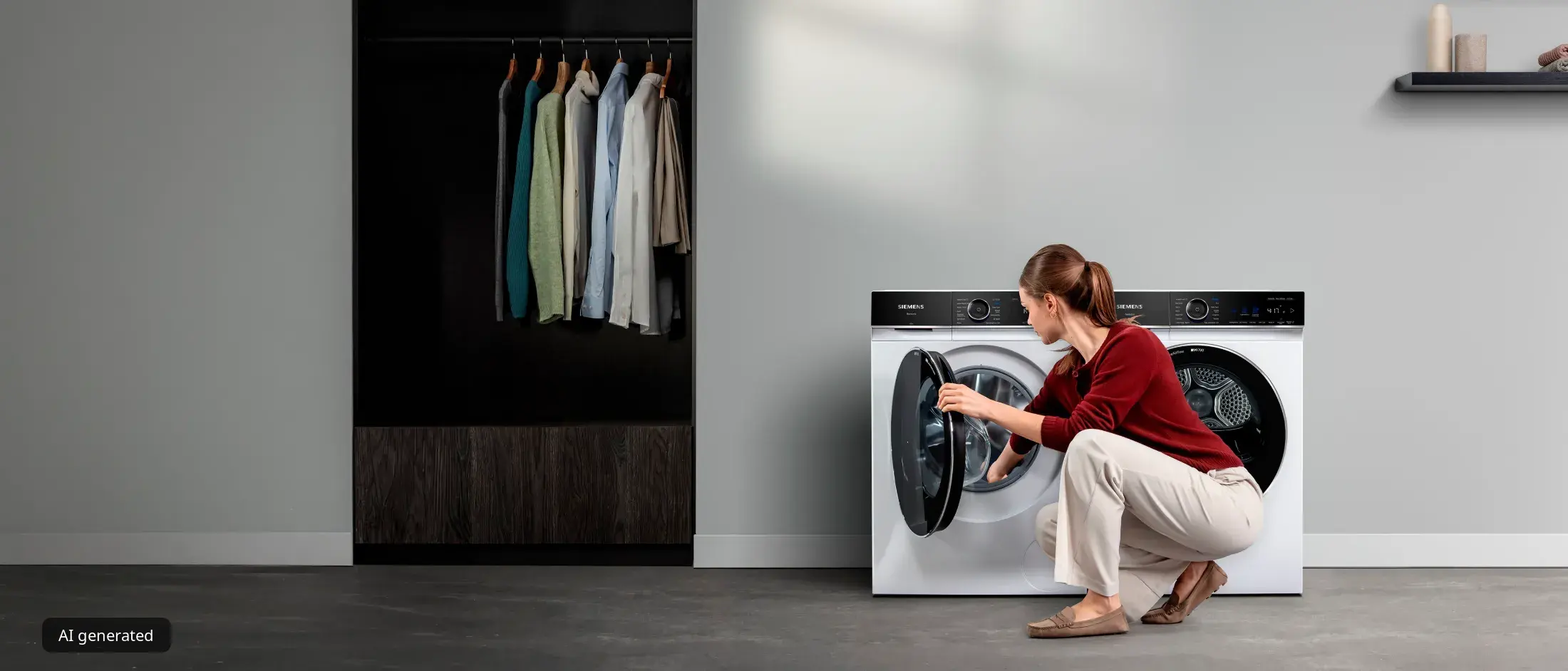 A woman in a maroon sweater crouches to load laundry into a sleek white washing machine in a modern laundry space.