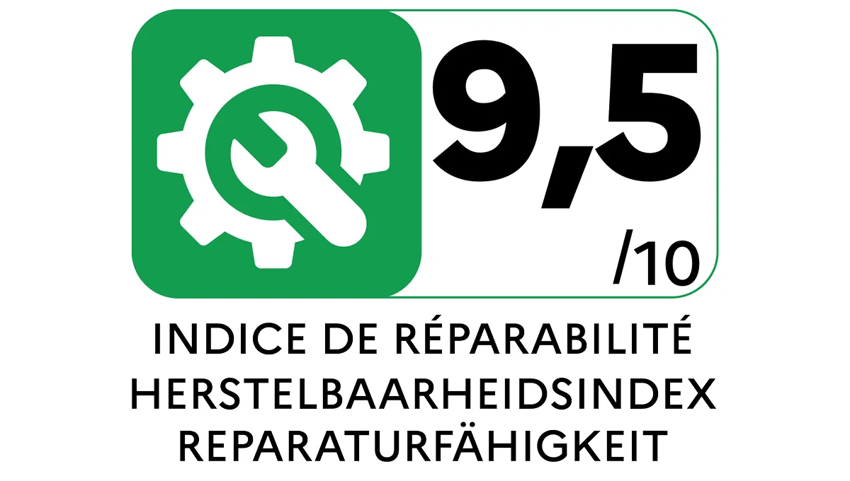 Repareerbaarheidsscore van 9,5 op 10, weergegeven met een moersleutel in een tandwielpictogram en tekst in het Frans, Nederlands en Duits.
