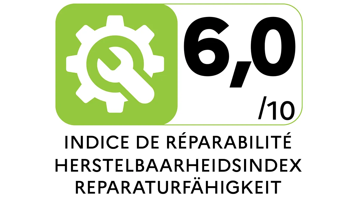 Repareerbaarheidsscore van 6,0 op 10, weergegeven met een moersleutel in een tandwielpictogram en tekst in het Frans, Nederlands en Duits.