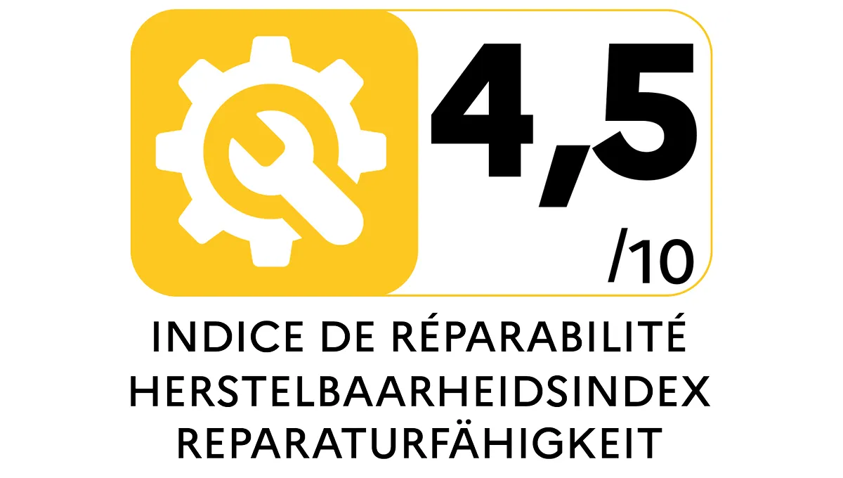 Repareerbaarheidsscore van 4,5 op 10, weergegeven met een moersleutel in een tandwielpictogram en tekst in het Frans, Nederlands en Duits.