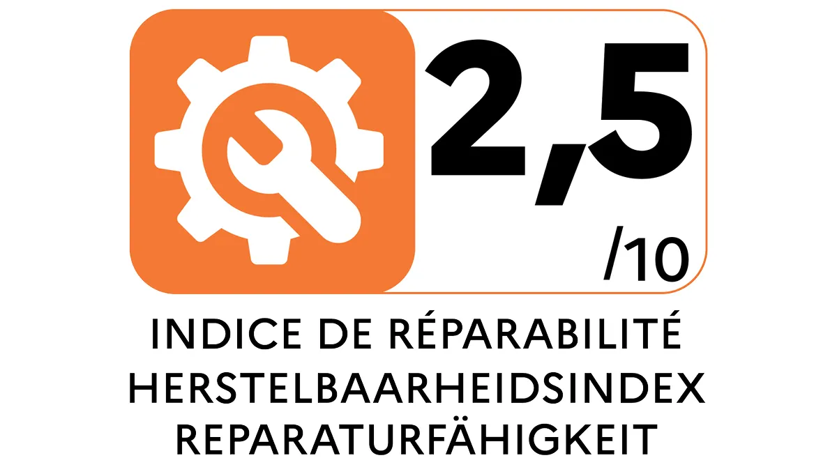 Repareerbaarheidsscore van 2,5 op 10, weergegeven met een moersleutel in een tandwielpictogram en tekst in het Frans, Nederlands en Duits.