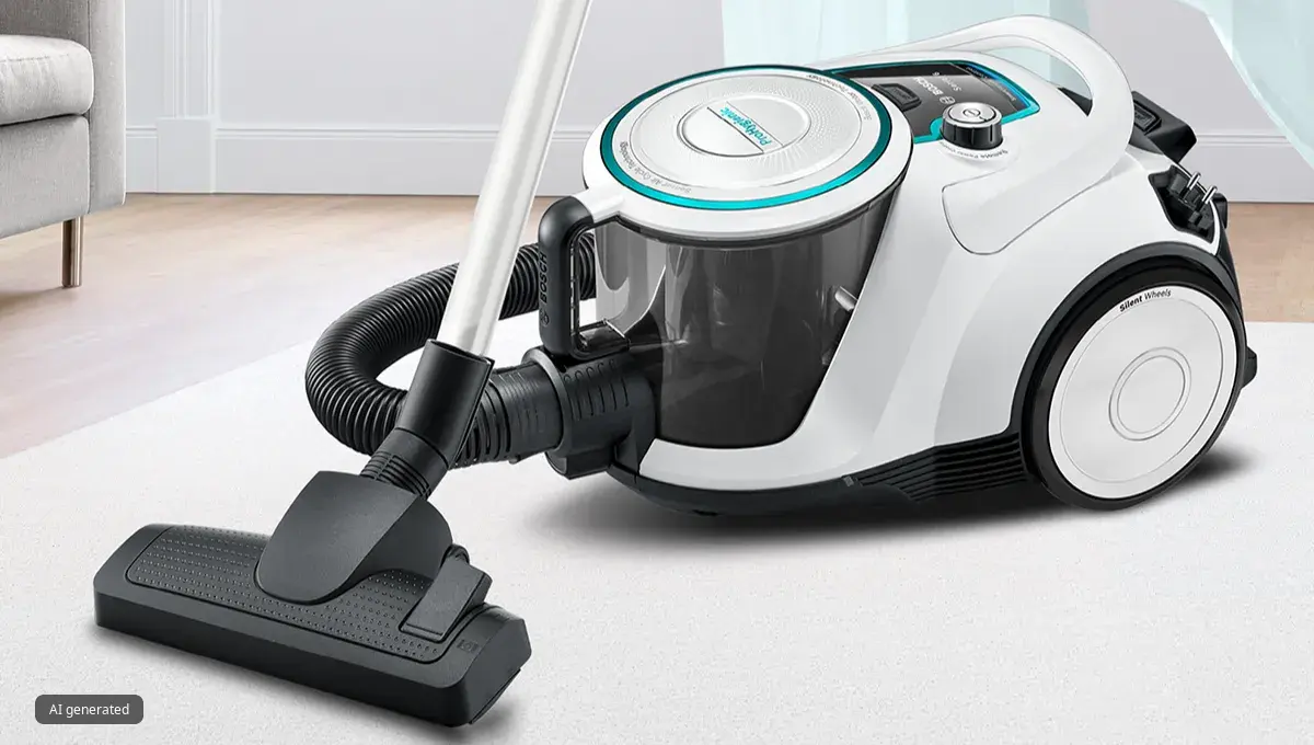 Bosch ProHygienic usisavač bez vrećice s perivim UltraAllergy filtrom na tepihu u dnevnoj sobi.
