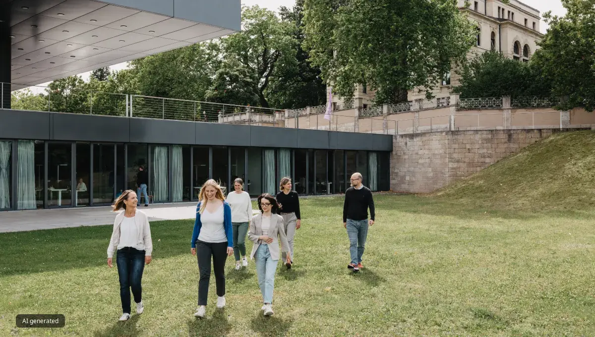 Six people walking on the lawn outside the Robert Bosch Stiftung building.