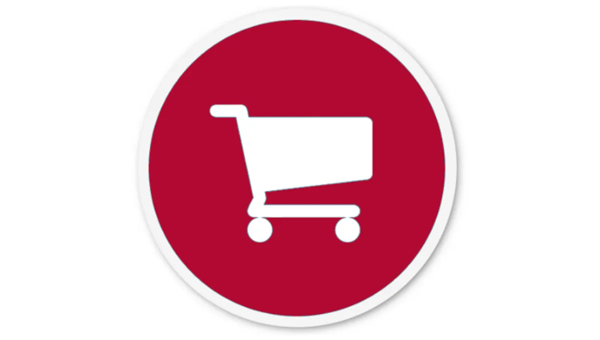 Rødt, cirkulært ikon med hvidt indkøbsvognssymbol, der repræsenterer et koncept for online shopping eller e-handel.
