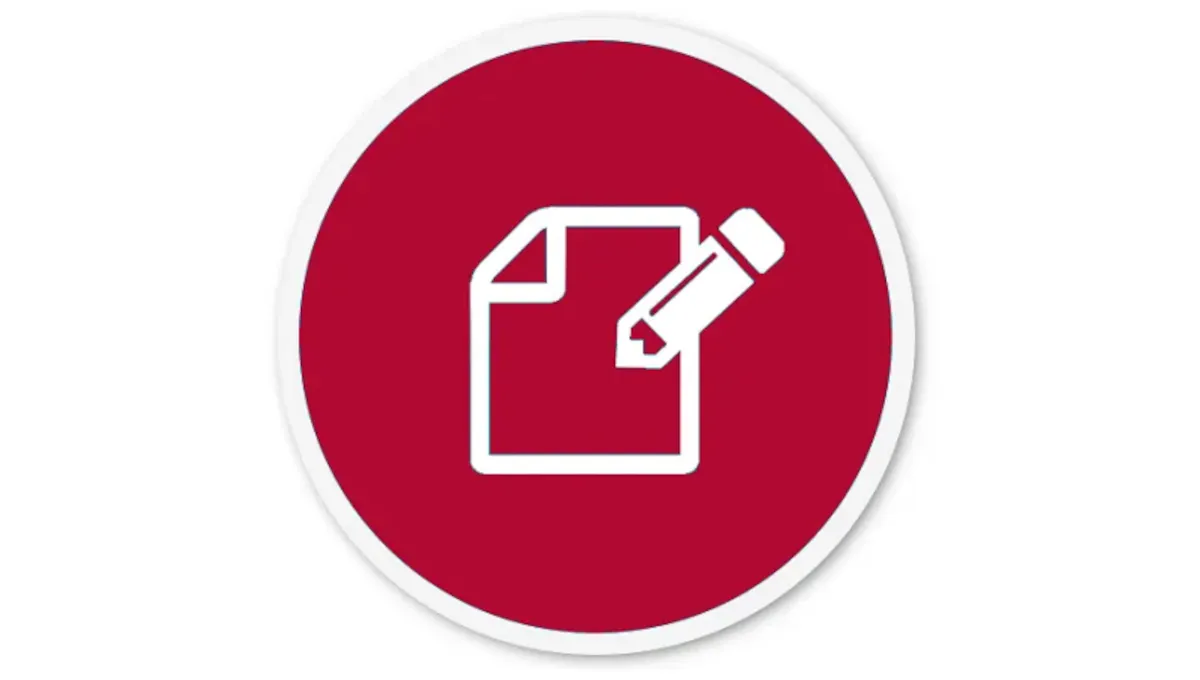 Rød cirkel med hvidt dokumentikon og pen, som repræsenterer redigering eller ændring af et dokument.