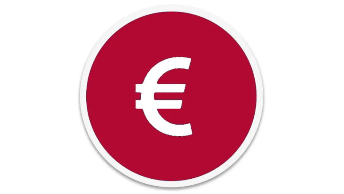 Rødt, cirkulært ikon med hvidt eurosymbol.