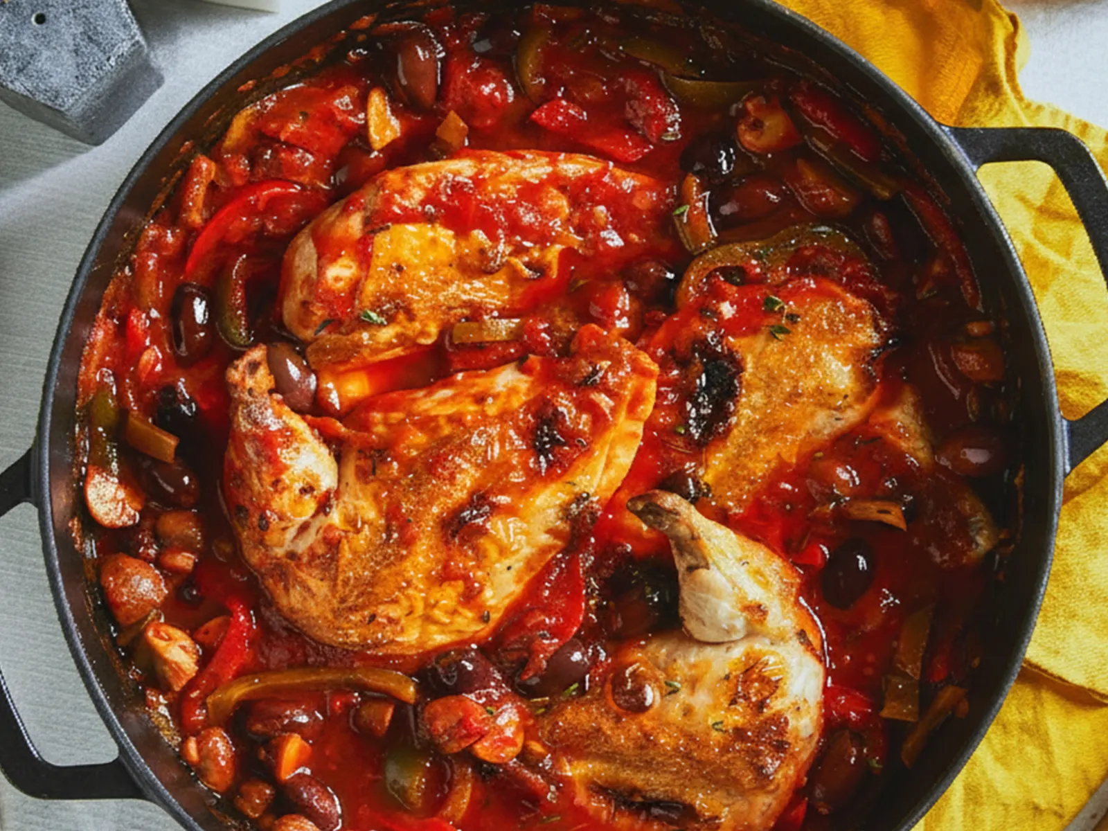 A cast iron skillet with succulent chicken pieces in a vibrant tomato sauce, surrounded by vegetables and served with bread on a yellow cloth.