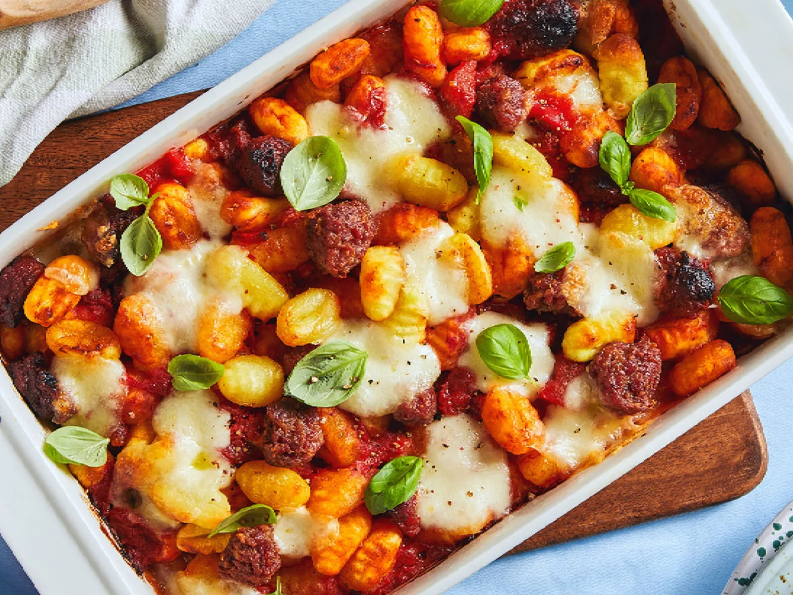 A white baking dish filled gnocchi and sausage in a tomato sauce sits on a light blue tablecloth and is surrounded by other tableware.