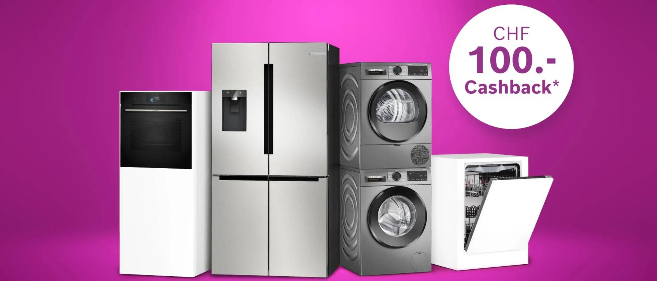 Online-Banner mit Hinweis auf die Bosch Cashback Aktion mit 100 CHF Cashback auf Hausgeräte der Serie 6 & 8, gültig bis 20. November 2026; Hausgeräte von Bosch; Aktions-Logo: 100 CHF Cashback.