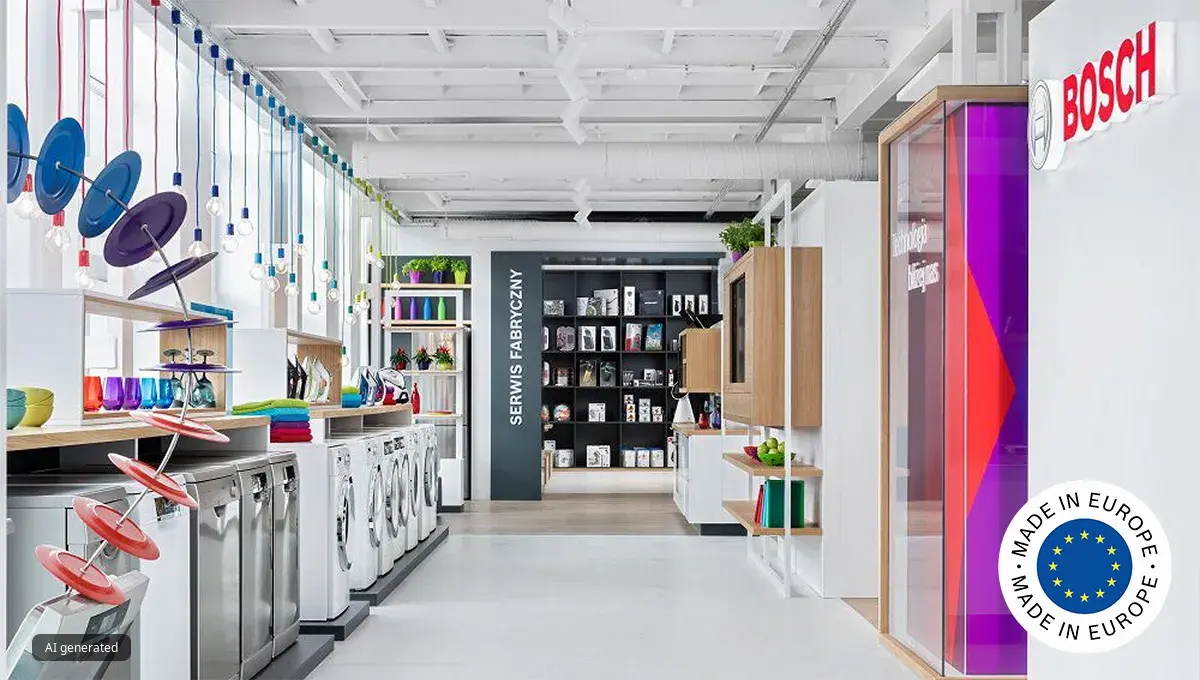 Modern Bosch showroom with washing machines and a "Made in Europe" badge.