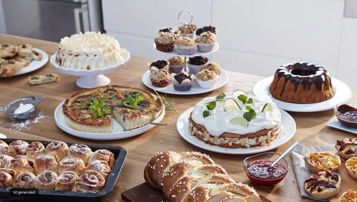 A big spread of different homemade cakes and baked goods.