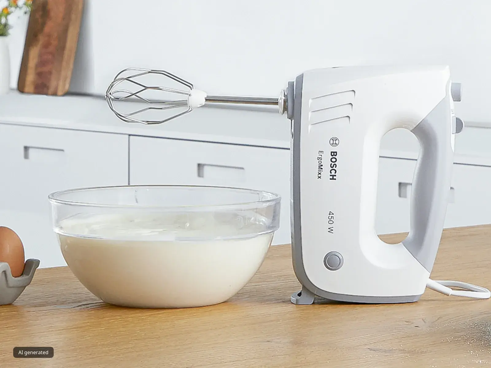 An ErgoMixx hand mixer just beat batter for cake and now rests on kitchen worktop.