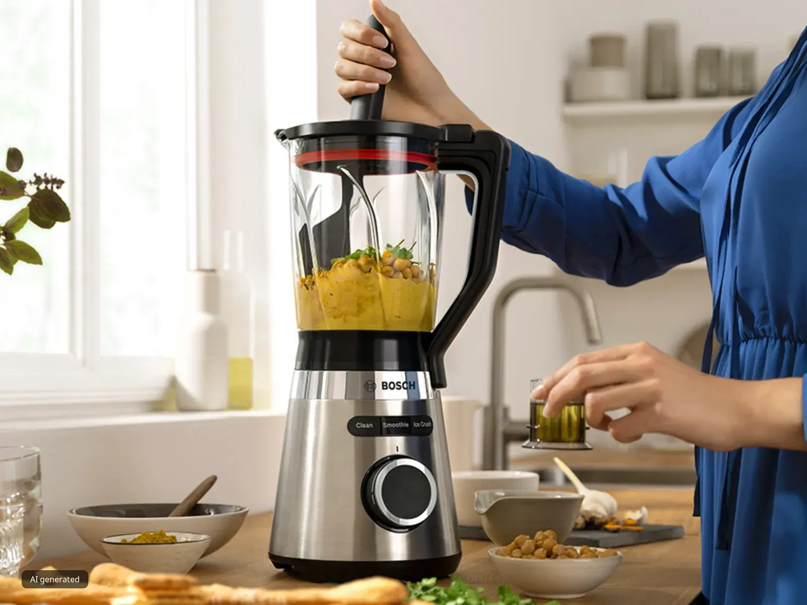 A woman making hummus in a Bosch blender.