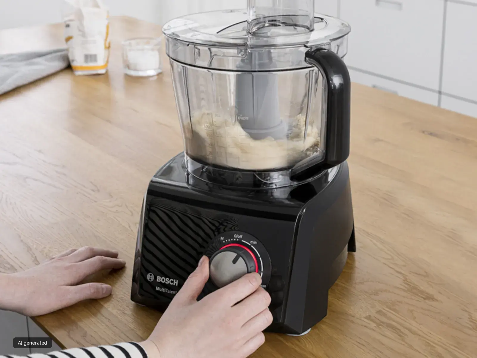 A Bosch food processor on a worktop being used to make hummus.