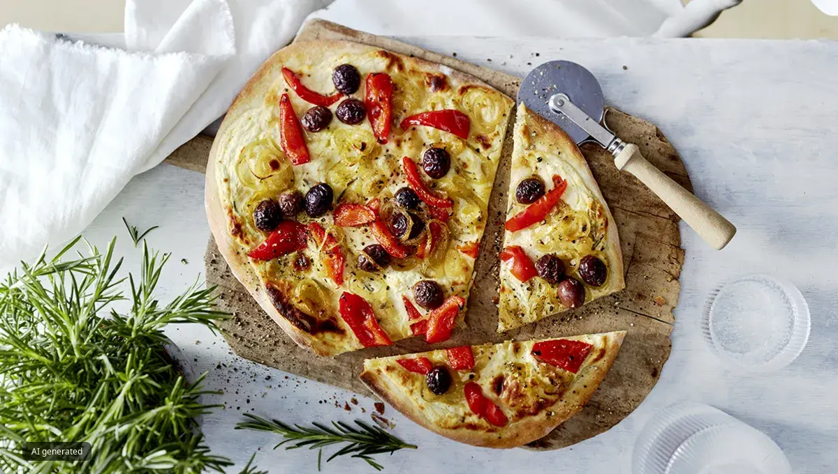 A partially-cut homemade pizza with a pizza cutter on the side.