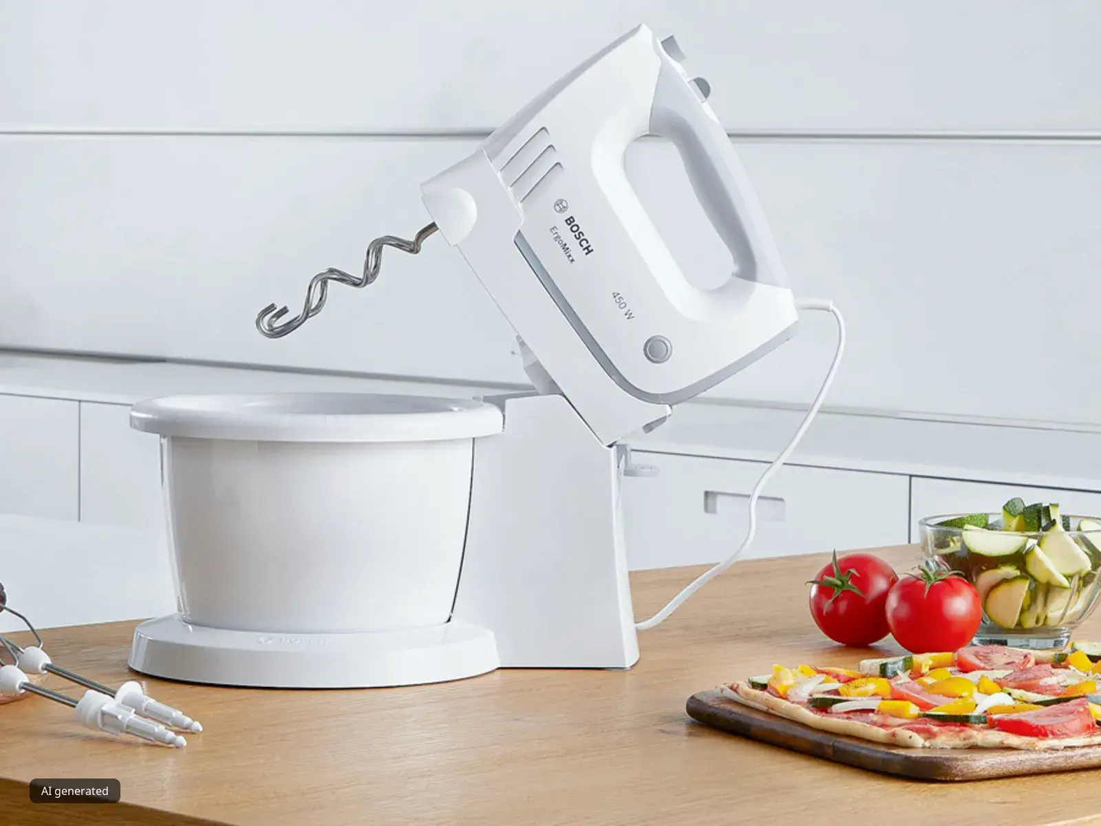 Woman kneading pizza dough with an ErgoMixx hand blender.