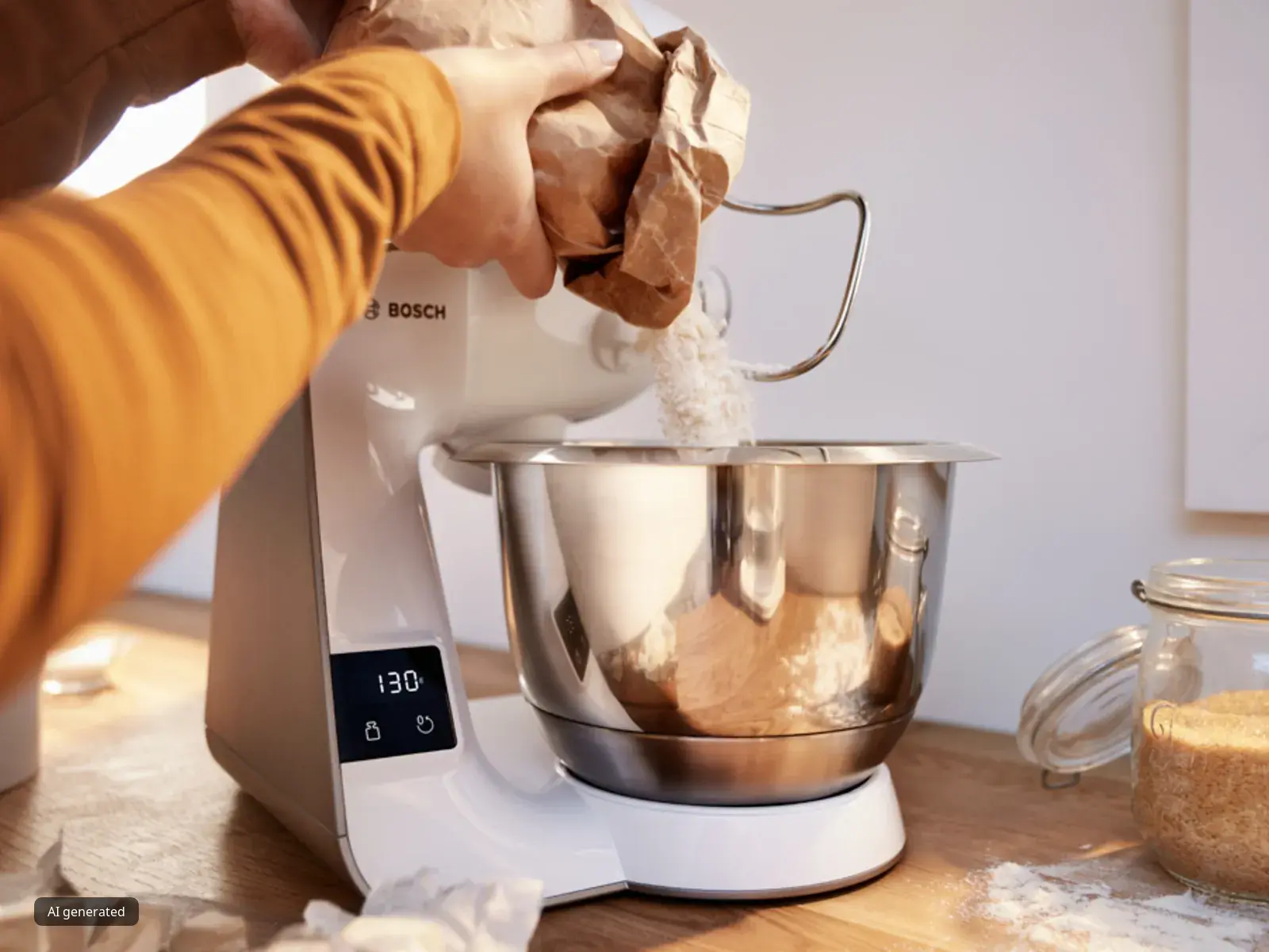  A person tips flour into a MUM stand mixer to make pizza dough.