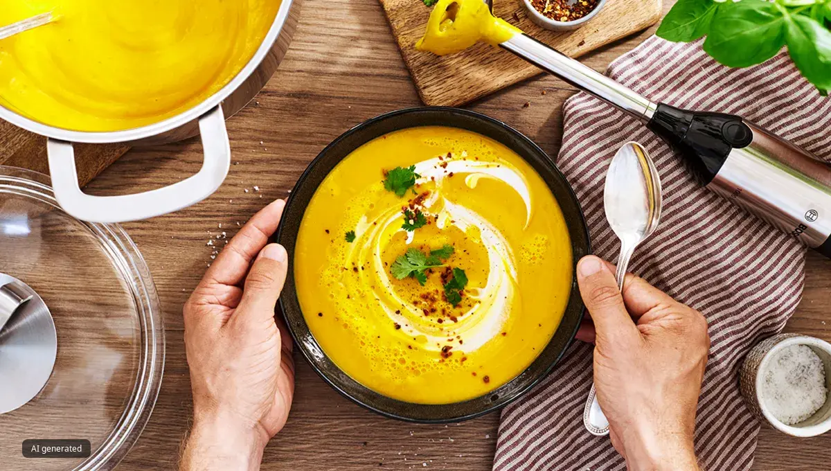 Hands setting down a bowl of creamy orange soup on a wood table.