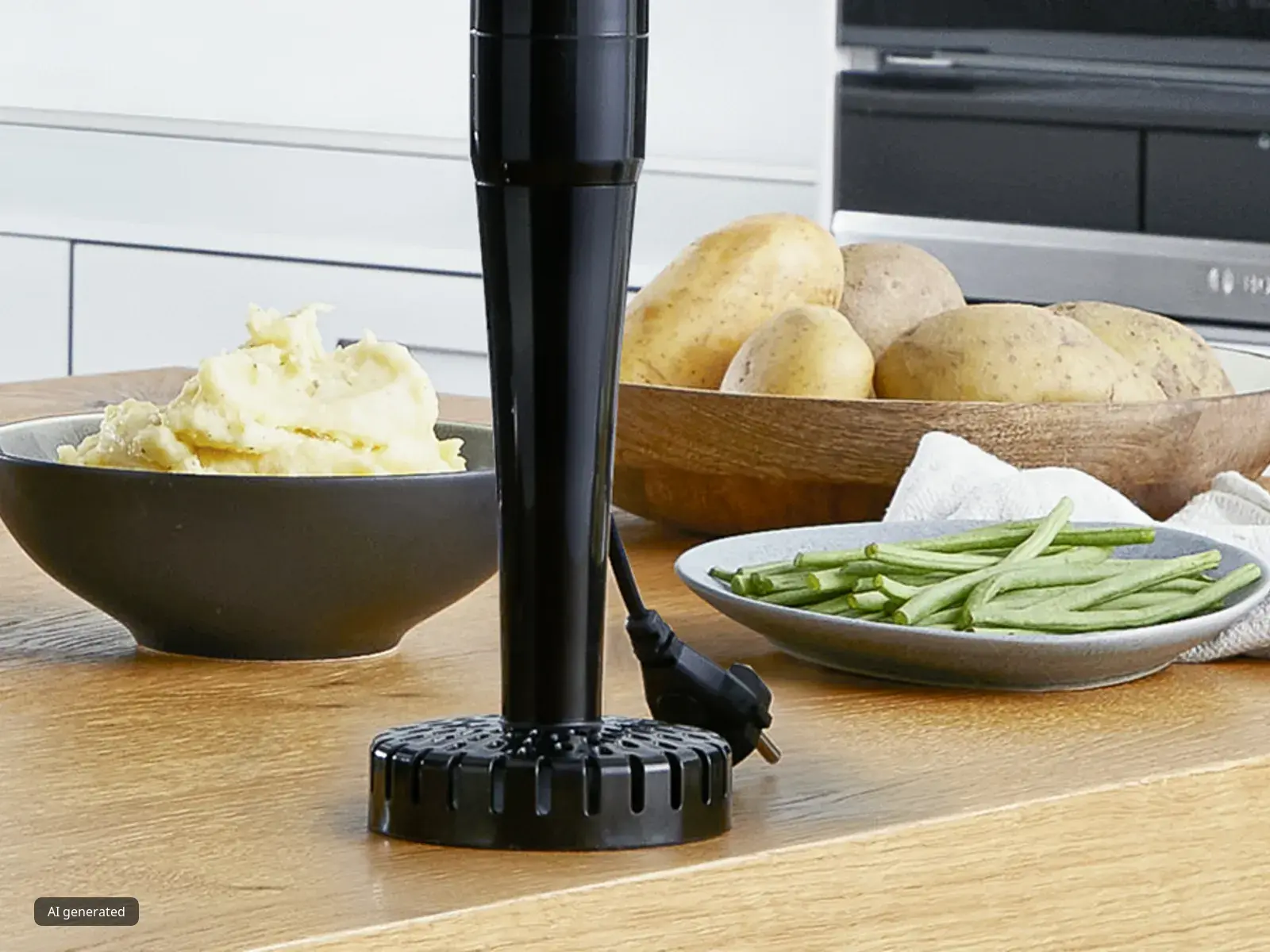 A masher attachment for a hand blender on a table in front of various foods.