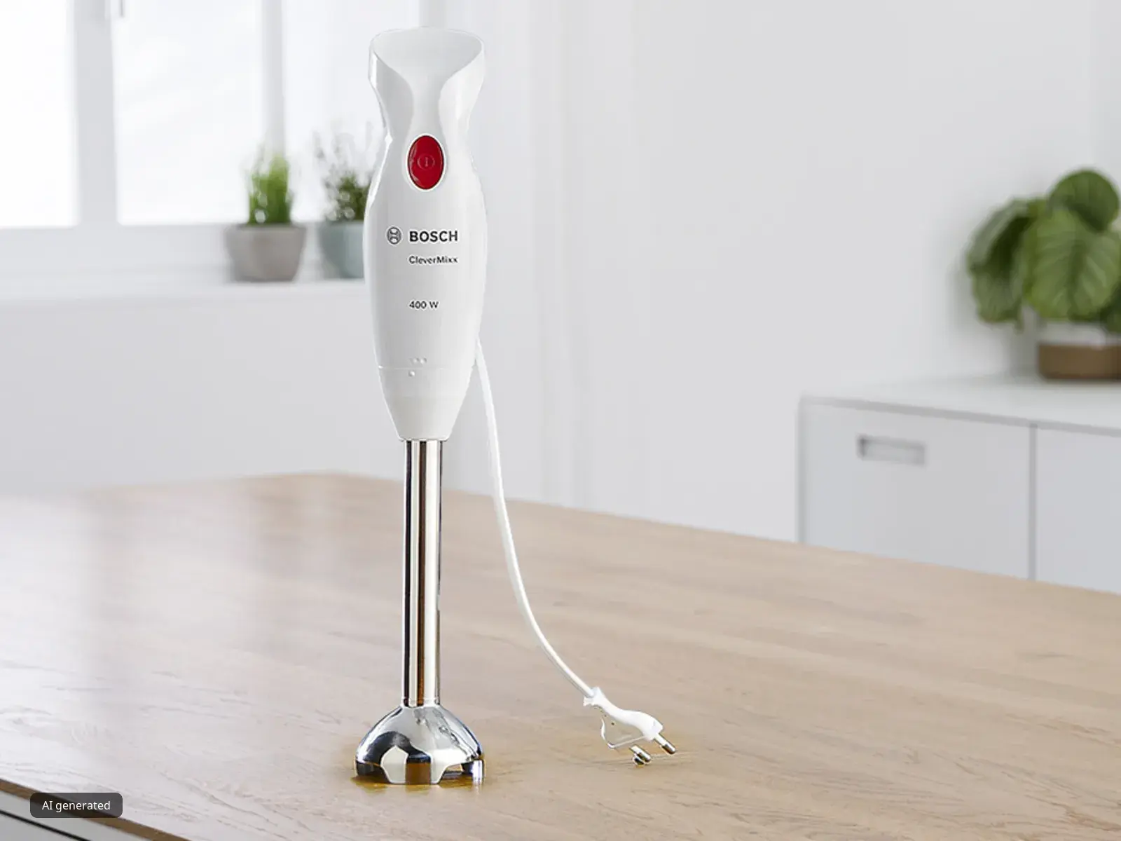 White Bosch CleverMixx hand blender on a wood kitchen worktop.