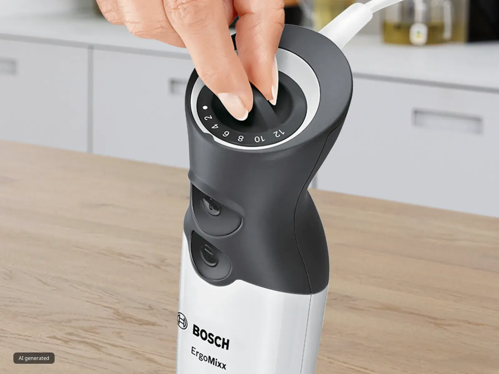Hand changing the speed setting on an ErgoMixx hand blender.