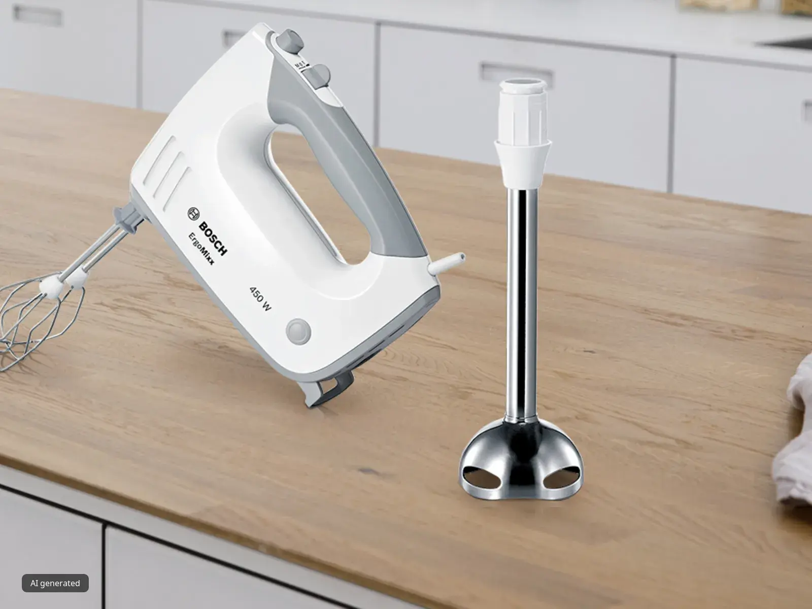 An ErgoMix hand mixer on a wood worktop next to a blending shaft attachment.