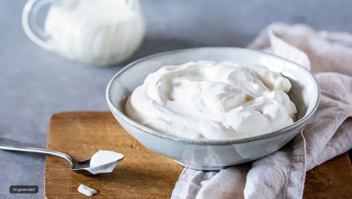 A bowl of fluffy whipped cream next to a spoonful of whipped cream.