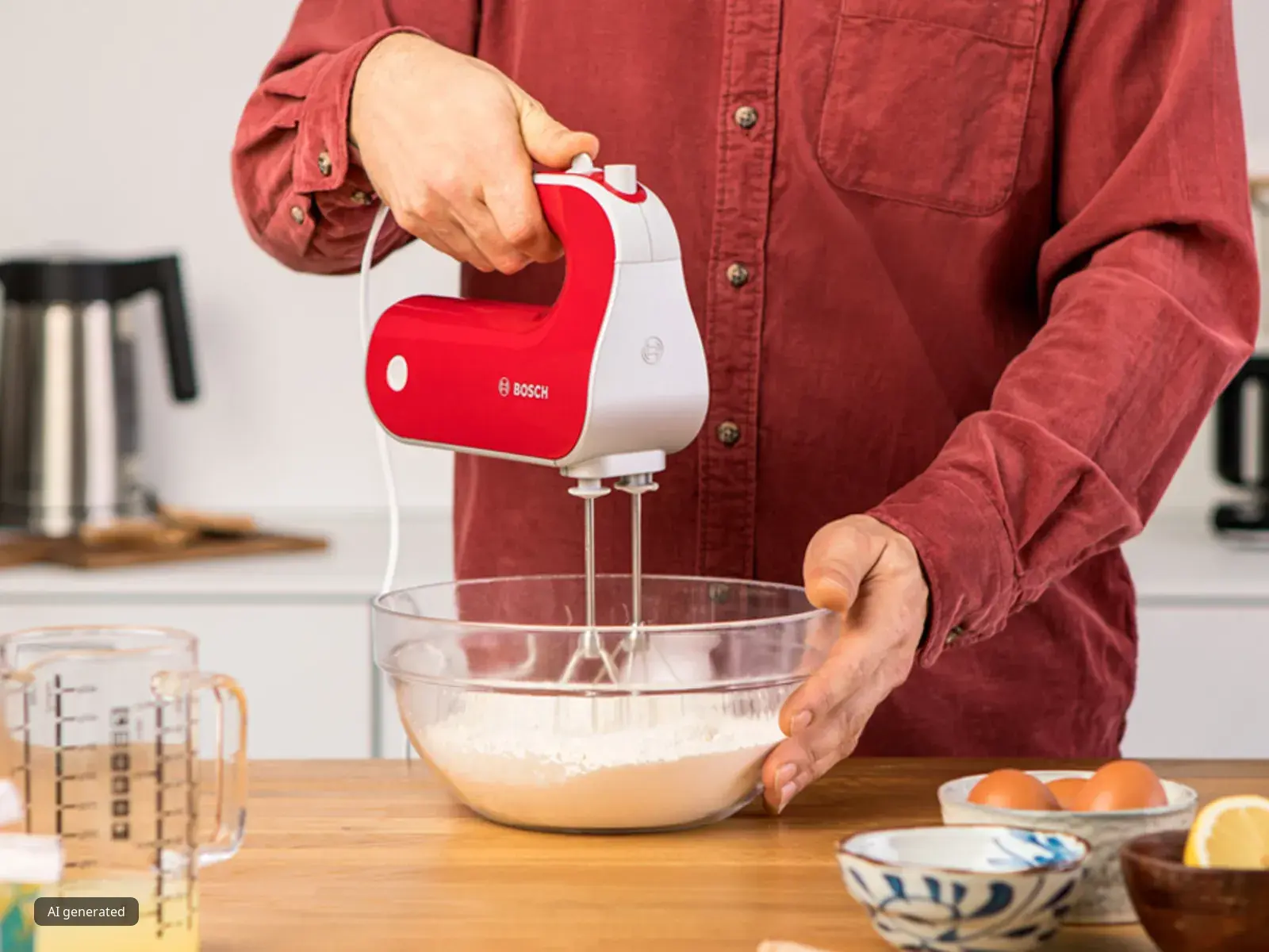 A person in a red shirt whipping cream with a red Styline hand mixer.