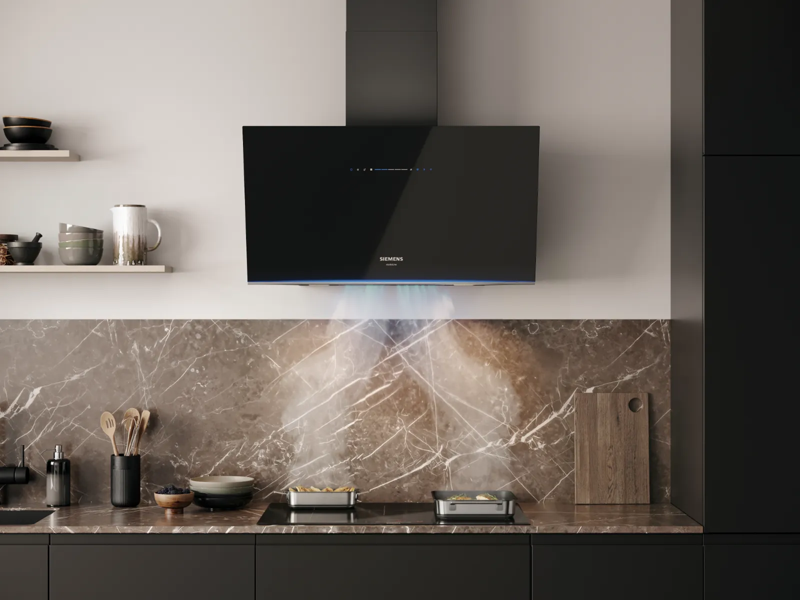 Modern kitchen with black range hood exhaust venting steam from stove, marble backsplash, wooden utensils, and dark cabinets.