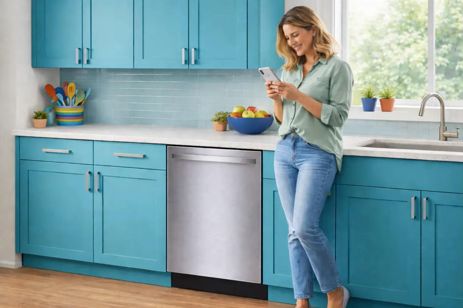 woman standing in blue themed kitchen while on her smartphone