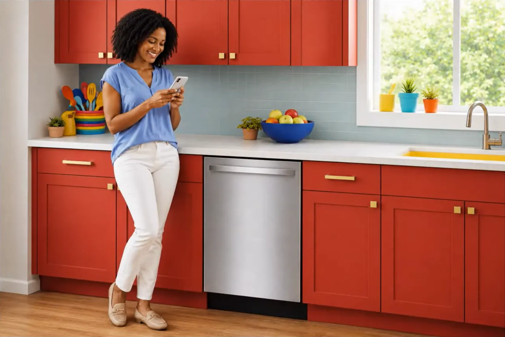 woman standing in a red themed kitchen looking at smartphone