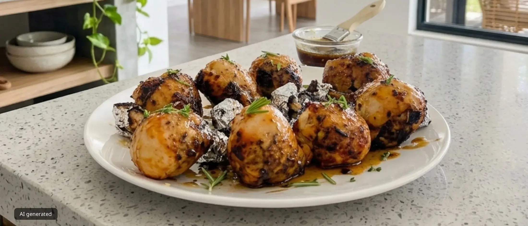 A white plate of glazed chicken drumstick lollipops with foil-wrapped handles and fresh herbs, sitting on a light gray quartz kitchen countertop. In the background, a small glass bowl of basting sauce with a brush rests behind the plate, with a bright, modern kitchen and dining area opening up to a sunny outdoor patio. Air fried by Bosch Air Fryer