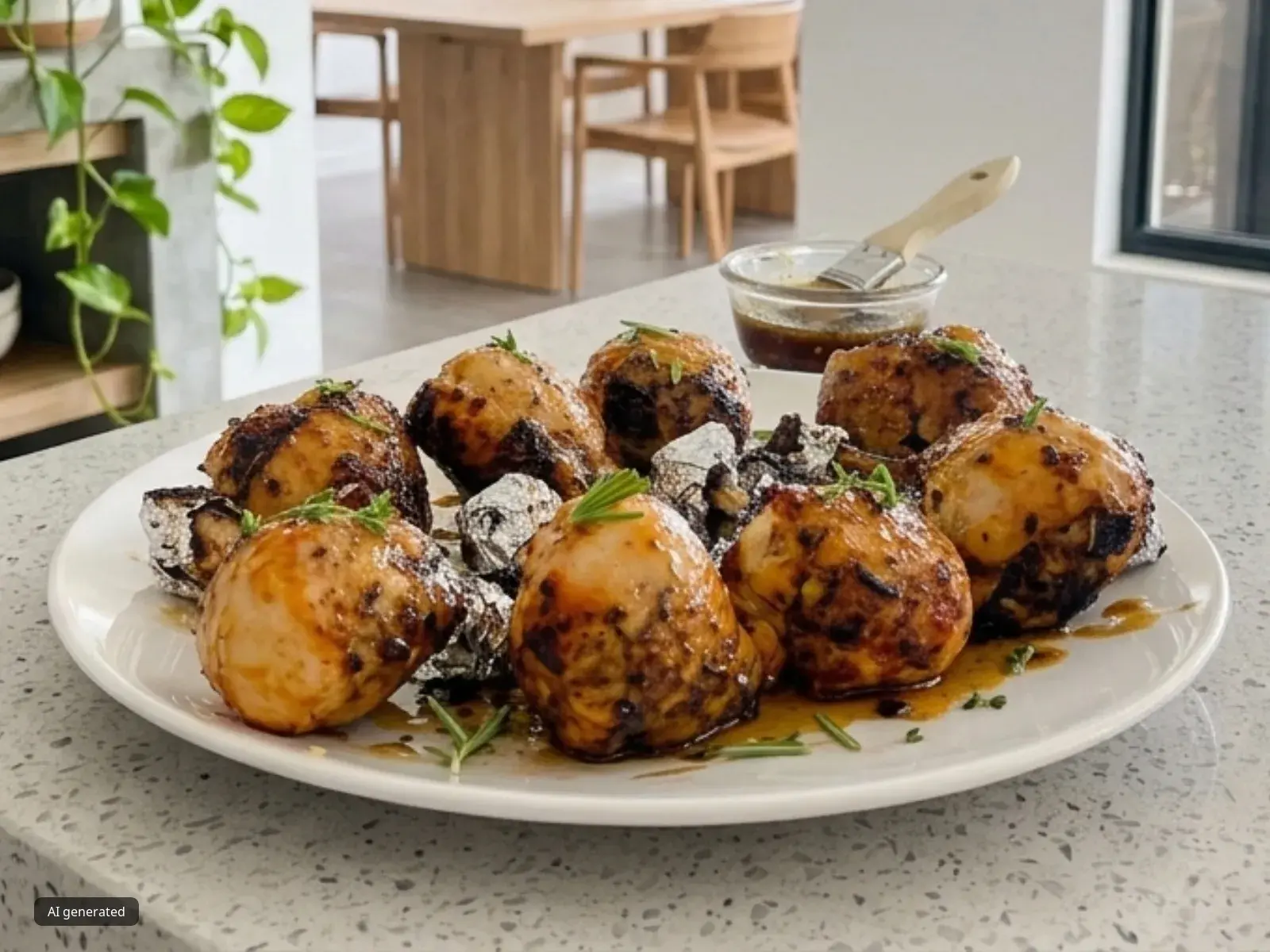 A white plate of glazed chicken drumstick lollipops with foil-wrapped handles and fresh herbs, sitting on a light gray quartz kitchen countertop. In the background, a small glass bowl of basting sauce with a brush rests behind the plate, with a bright, modern kitchen and dining area opening up to a sunny outdoor patio. Air fried by Bosch Air Fryer